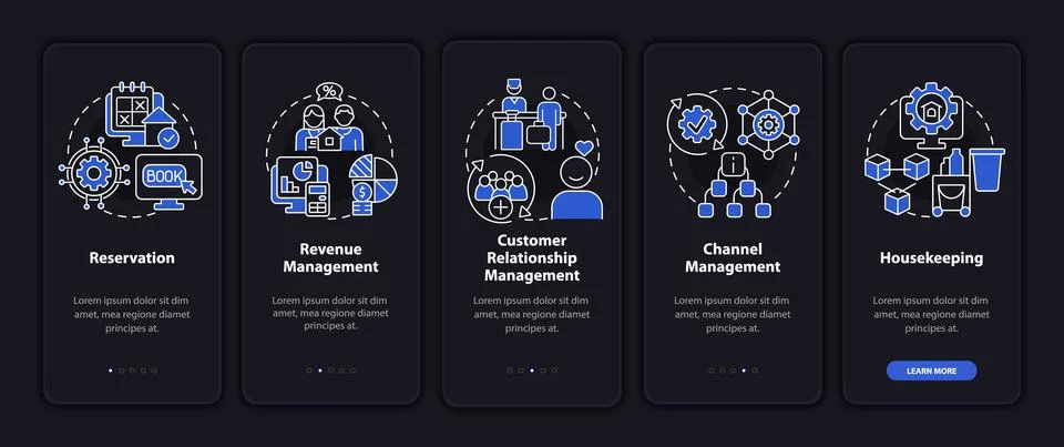 Modules of management night mode onboarding mobile app screen Stock Illustration