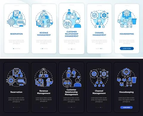Modules of property night and day mode onboarding mobile app screen Stock Illustration