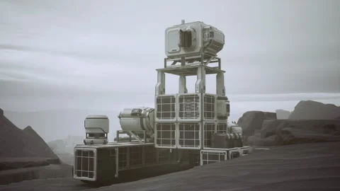 Modules stacked on rough ground beneath cloudy sky and mesas Stock Footage 339622265