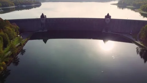 Möhne Dam. WW2. Dambusters raid. Aerial view. North Rhine-Westphalia, Germany. Stock Footage 342946595
