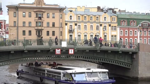 Moika river is the first engineering bridge, pleasure boats on the river. Video stock 155671846