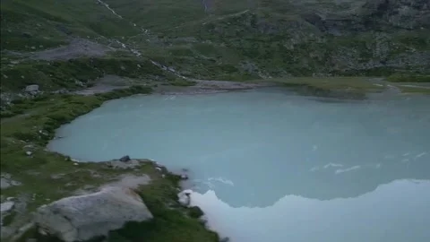 Moiry Glacier Sunrise Close Orbit Over Mirror Lake Stock Footage 323379087