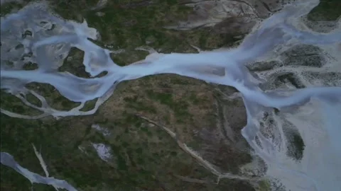Moiry Glacier Sunrise Top Down Lateral From River to Lake Stock Footage 323378146