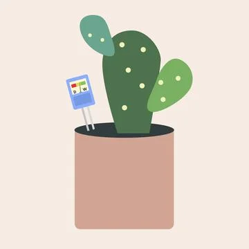 Moisture meter put in flower pot with bunny ears cactus Illustrazione stock