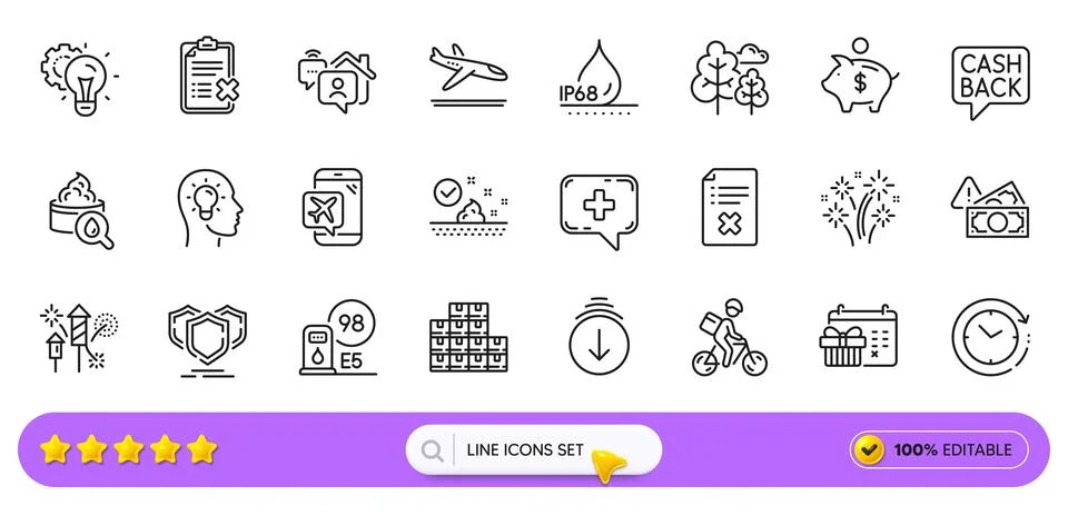 Moisturizing cream, Scroll down and Fireworks rocket line icons for web app Illustrazione stock