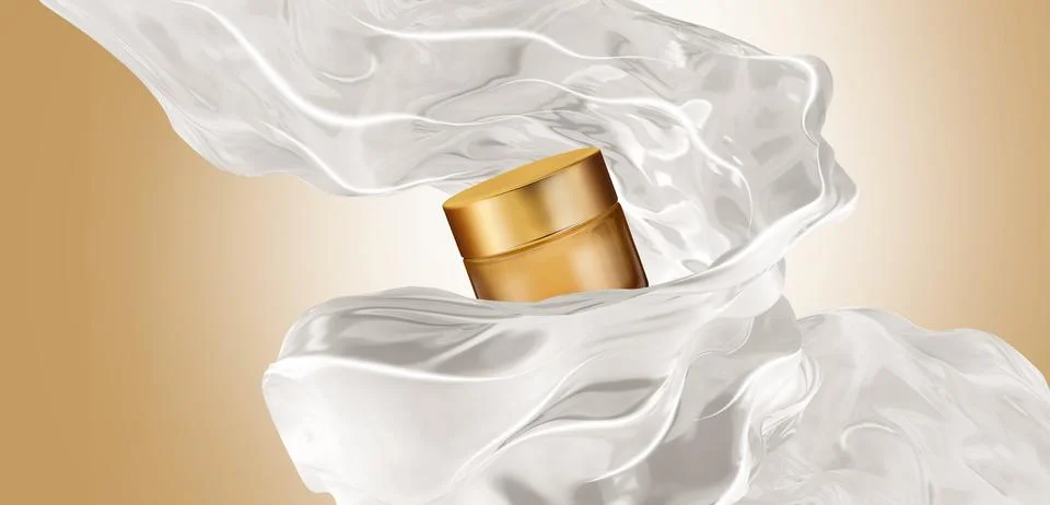 Moisturizing liquid splashing around of a small gold jar isolated.3d Stock Illustration