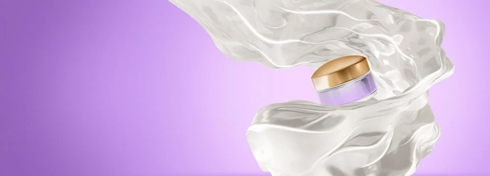 Moisturizing liquid splashing around of a small violet jar isolated.3d Stock Illustration