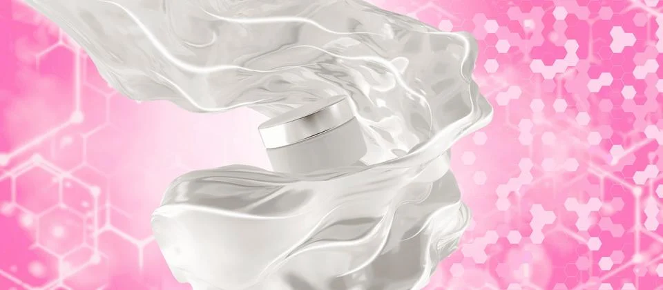 Moisturizing liquid splashing around of a small white jar on pink hexagon Stock Illustration