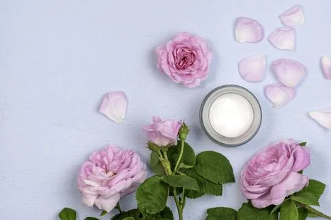 Moisturizing white cream in plastic jar and pink roses top view. Stock Photos