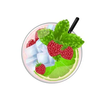 Mojito cocktail with lime, mint, raspberry and ice top view. Cold alcoholic o Stock Illustration