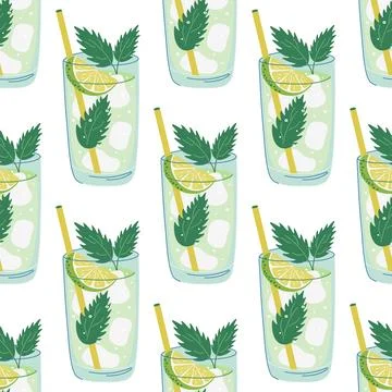 Mojito Cocktail seamless pattern. Background with glass of refreshing drink. Stock Illustration