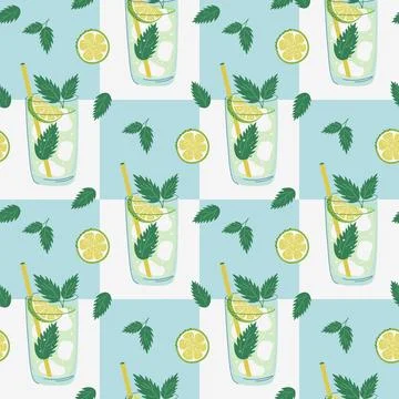 Mojito Cocktail seamless pattern. Geometric background with glass of drink. Stock Illustration