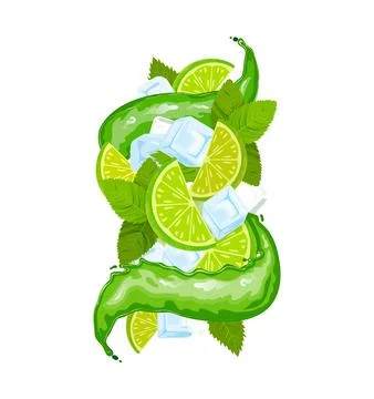 Mojito drink splash with flat style juice wave, ice cubes, lime and mint leaves Stock Illustration