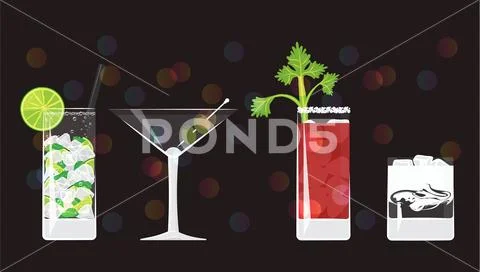 Mojito, Dry Martini, Bloody Marry and White Russian cocktails Stock Illustration