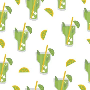 Mojito with ice, mint, lime slice and straw Stock Illustration