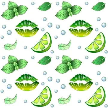 Mojito - seamless pattern. White Background with green elements - mint, lime Stock Illustration
