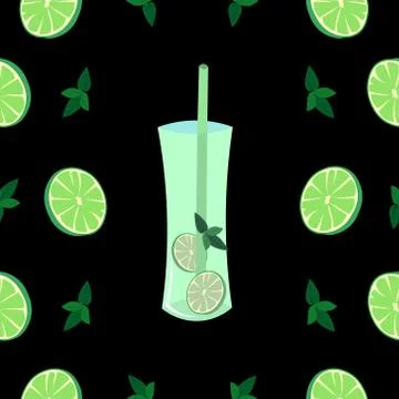Mojito vector pattern. Cocktail, mint, lime on a black background. Bar design Stock Illustration