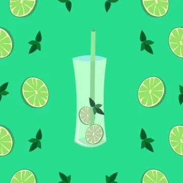 Mojito vector pattern. Cocktail, mint, lime on a green background. Bar design Stock Illustration