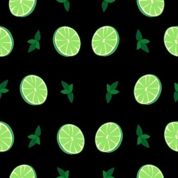 Mojito vector pattern. Mint, lime on a black background. Bar design, menu. Stock Illustration