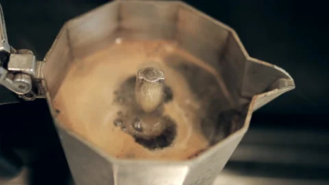 Moka with coffee machine, closeup. Breakfast and beverage concept Stock Footage 160400793