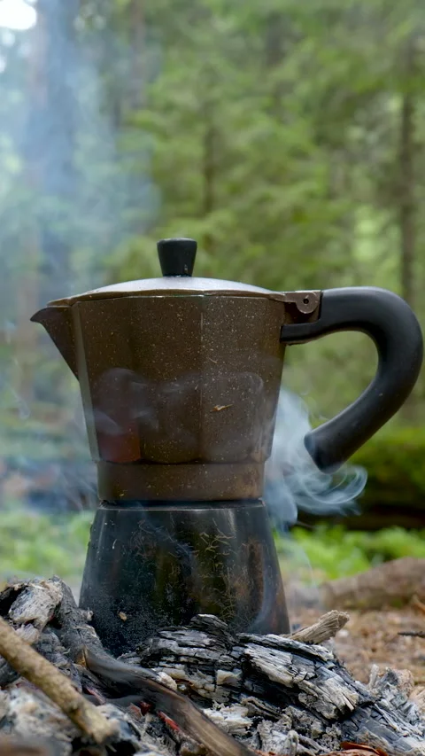 Moka pot brewing coffee on campfire in forest Stock Footage 334998826