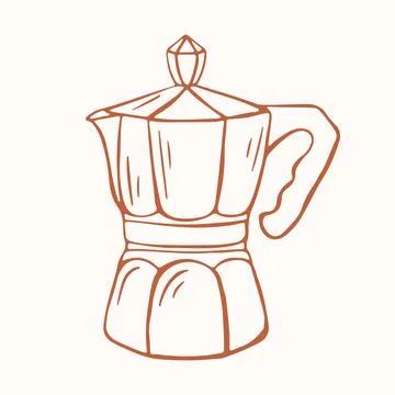 Moka pot coffee maker in line art drawing style. Kitchen appliance for brewing Stock Illustration