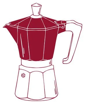 Moka pot doodle vector with octagonal body and maroon handle. Italian stovetop Stock Illustration