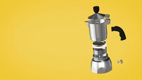 Moka pot espresso coffee maker. Silver color object, yellow orange background. Stock Footage 148439991