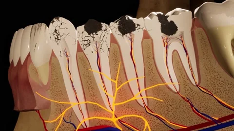 Molar teeth damaged by caries. Medically accurate tooth 3D animation Stock Footage 187069414