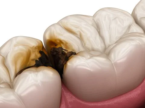 Molar teeth damaged by caries. Medically accurate tooth 3D illustration. Illustrazione stock
