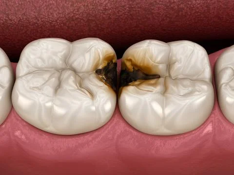 Molar teeth damaged by caries. Medically accurate tooth 3D illustration. Stockillustratie