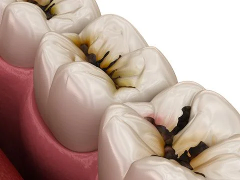 Molar teeth damaged by caries. Medically accurate tooth 3D illustration. Stock Illustration