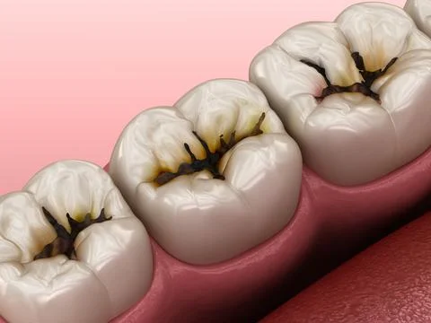 Molar teeth damaged by caries. Medically accurate tooth 3D illustration. Illustrazione stock