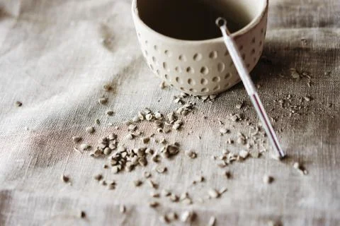 Mold for casting clay products with a mixture inside. Stock Photos