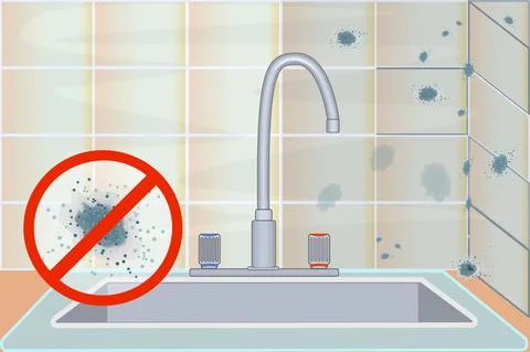 Mold on ceramic tile and no mold sign. Mildew in kitchen. Stock Illustration