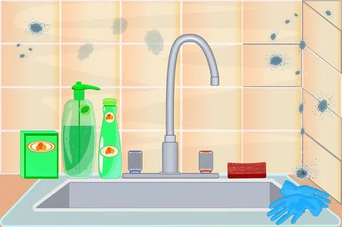 Mold on ceramic tile. Mildew in kitchen. Dark stains on the wall. Illustrazione stock