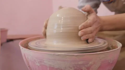Molding Of Clay On Potter's Wheel In Workshop. Dirty Hands In The Clay. Stock Footage 119203082