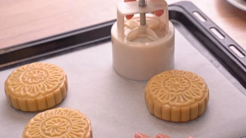 Molding shape of moon cake pastry on baking tray with beautiful pattern Stock Footage 113962583
