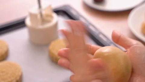 Molding shape of moon cake pastry on baking tray with beautiful pattern Stock Footage 113962637