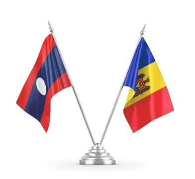 Moldova and Laos table flags isolated on white 3D rendering. Stock Illustration