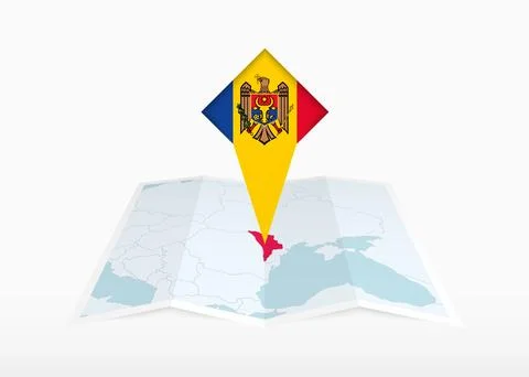 Moldova is depicted on a folded paper map and pinned location marker with f.. Stock Illustration