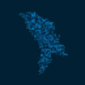 Moldova dotted glowing map. Shape of the country with blue bright bulbs. Ve.. Illustrazione stock