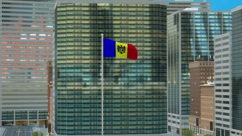 Moldova Flag 3D Render Animation on Pole with Modern Business District Build Video stock 332880931