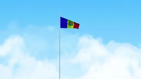 Moldova Flag 3D Render Animation Waving on Pole with Blue Sky Stock-Footage 333082019