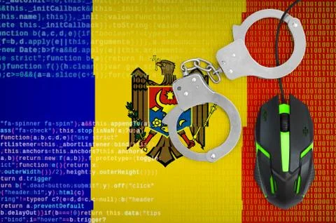 Moldova flag  and handcuffed computer mouse. Combating computer crime, hacker Stock-Fotos