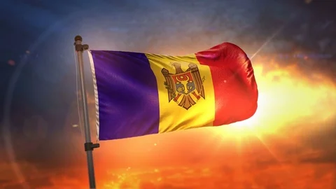 Moldova Flag Backlit At Beautiful Sunrise Loop Slow Motion 4K Stock Footage 76592840