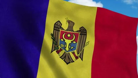 Moldova flag on a flagpole waving in the wind, blue sky background. 3d render Stock Illustration
