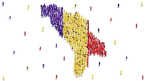 Moldova Map and Flag. A large group of people in the Moldova flag color map.4K Stock Footage 172348608