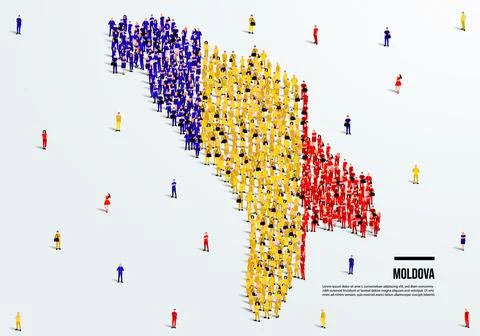 Moldova Map and Flag. A large group of people in the Moldova flag color. Stock Illustration