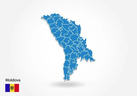 Moldova map design with 3D style. Blue Moldova map and National flag. Simple  Stock Illustration
